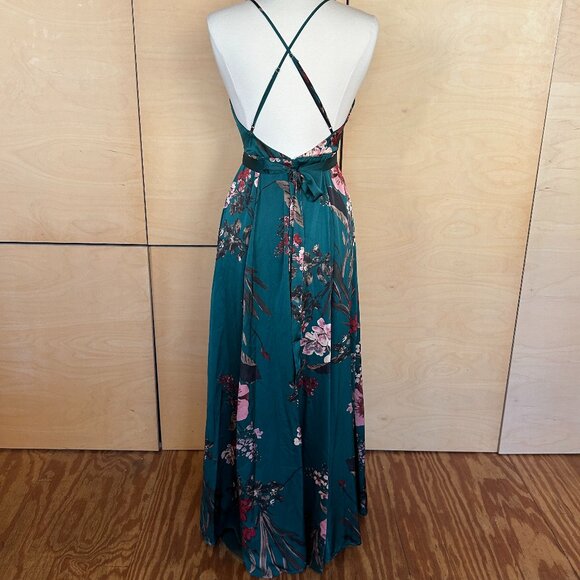 Lulus Emerald Green Floral Print Satin Maxi Dress - Size M - Picture 2 of 4